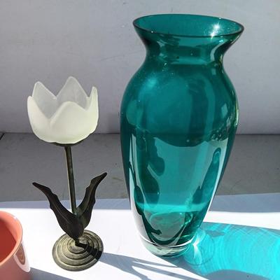 Four stoneware Mugs - Ocean inspired bowl - blue vase and flower candle sconce.