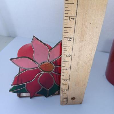 Red Scheurich Vase with Poinsettia candle holder clear vase and an unburned scented candle