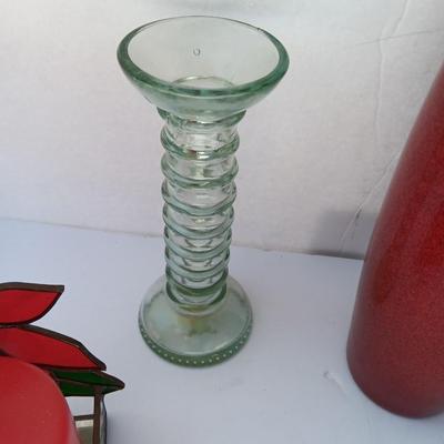 Red Scheurich Vase with Poinsettia candle holder clear vase and an unburned scented candle