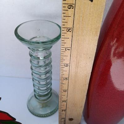 Red Scheurich Vase with Poinsettia candle holder clear vase and an unburned scented candle