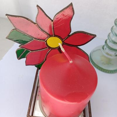 Red Scheurich Vase with Poinsettia candle holder clear vase and an unburned scented candle