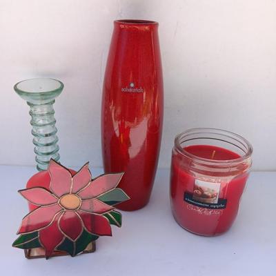 Red Scheurich Vase with Poinsettia candle holder clear vase and an unburned scented candle