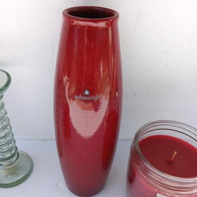 Red Scheurich Vase with Poinsettia candle holder clear vase and an unburned scented candle
