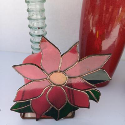 Red Scheurich Vase with Poinsettia candle holder clear vase and an unburned scented candle