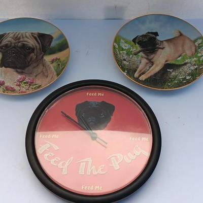 Danbury Mint Collectible PUG DOG plates and PUG clock - Pug in play & Prairie Pug