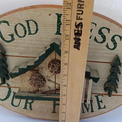 God Bless our home wall hanging with Precious Moments Christmas plate and small stained glass.
