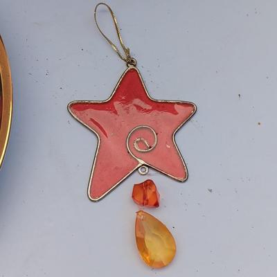 God Bless our home wall hanging with Precious Moments Christmas plate and small stained glass.