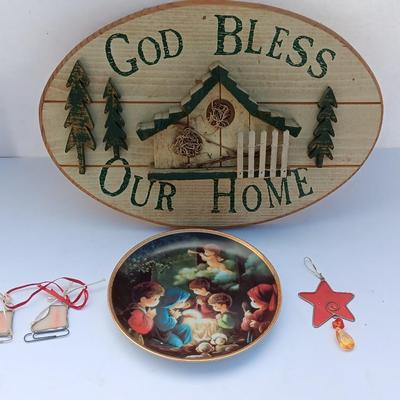God Bless our home wall hanging with Precious Moments Christmas plate and small stained glass.