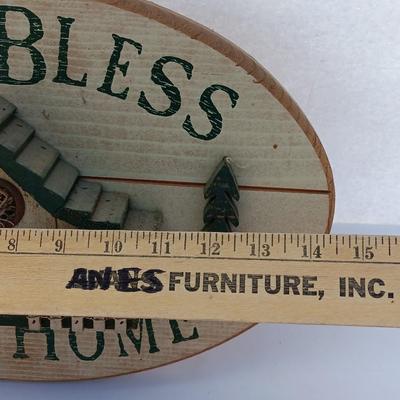God Bless our home wall hanging with Precious Moments Christmas plate and small stained glass.