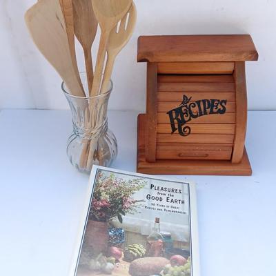 Wooden recipes box with vase of wooden utensils and a Pleasures from the good Earth cookbook