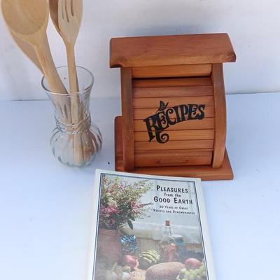 Wooden recipes box with vase of wooden utensils and a Pleasures from the good Earth cookbook