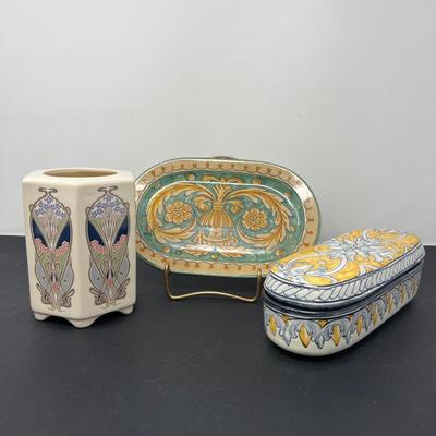 Art Nouveau Vase, Trinket, and Dish Trio - Signed