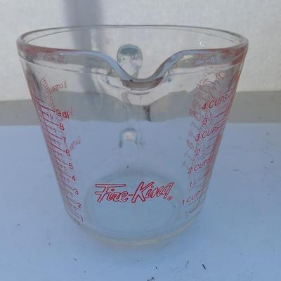 Large stainless bowl - Fire King measuring glass - and a cake pan