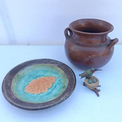 Pottery pieces - Montaage Vase with leaf deco platter and a small Hummingbird figure