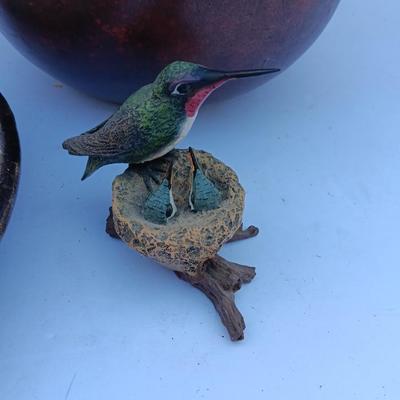 Pottery pieces - Montaage Vase with leaf deco platter and a small Hummingbird figure