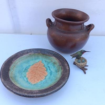 Pottery pieces - Montaage Vase with leaf deco platter and a small Hummingbird figure