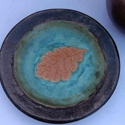 Pottery pieces - Montaage Vase with leaf deco platter and a small Hummingbird figure