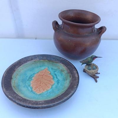 Pottery pieces - Montaage Vase with leaf deco platter and a small Hummingbird figure
