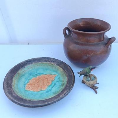Pottery pieces - Montaage Vase with leaf deco platter and a small Hummingbird figure