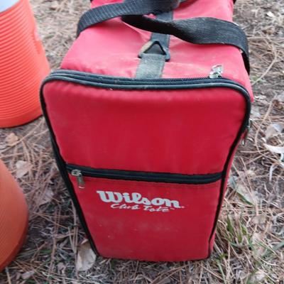 Wilson Soft sided cooler bag with two different sized Rubbermaid GOTT cooler beverage dispensers