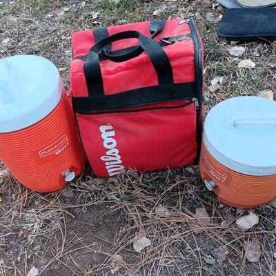 Wilson Soft sided cooler bag with two different sized Rubbermaid GOTT cooler beverage dispensers
