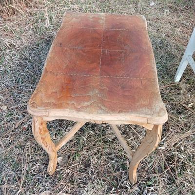 Antique wooden chair with small inlayed design top end table