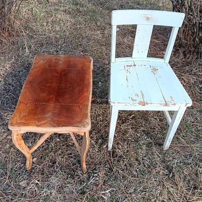 Antique wooden chair with small inlayed design top end table