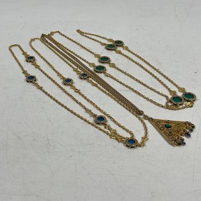 Costume Jewelry Necklace Multicolored Stones with gold tone chains & Triangular pendant