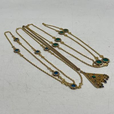 Costume Jewelry Necklace Multicolored Stones with gold tone chains & Triangular pendant
