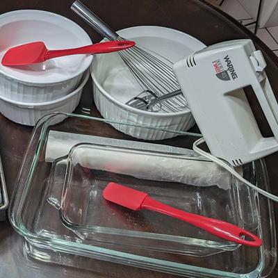 Baking Lot Waring Mixer, Corell Casseroles, 2 Spatulas, wire whisk, Pyrex Loaf, Pyrex Casserole