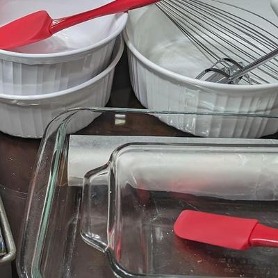 Baking Lot Waring Mixer, Corell Casseroles, 2 Spatulas, wire whisk, Pyrex Loaf, Pyrex Casserole