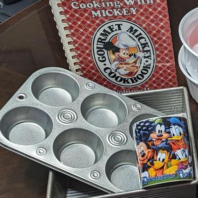 Disney Baking Set: Vintage Cooking with Mickey Cookbook, Disney Mug, Muffin Tin, Brownie USA Metal Pan