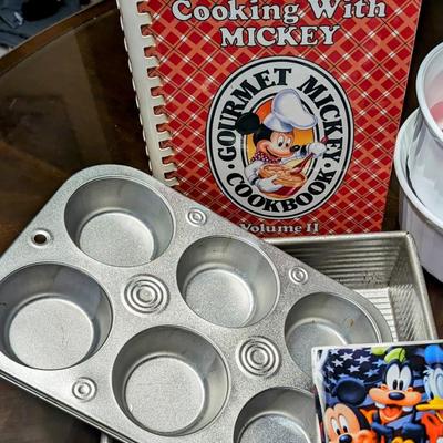 Disney Baking Set: Vintage Cooking with Mickey Cookbook, Disney Mug, Muffin Tin, Brownie USA Metal Pan