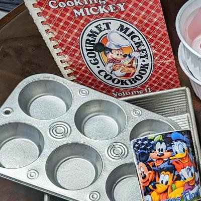 Disney Baking Set: Vintage Cooking with Mickey Cookbook, Disney Mug, Muffin Tin, Brownie USA Metal Pan