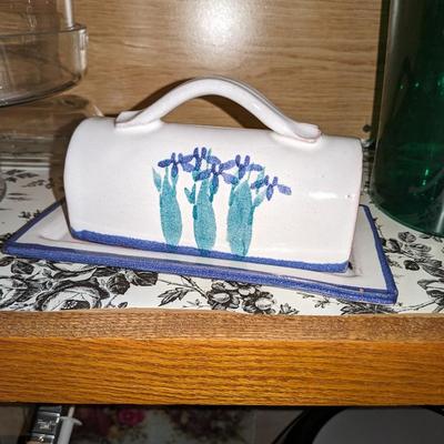 Vintage hand made Columbia falls Pottery ceramic Butter Dish Maine Pottery Iris