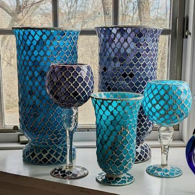 Set of 5 glass mosaic vases/candleholders
