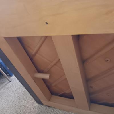 BALDWIN ACROSONIC PIANO ON CASTERS W/BENCH AND SHEET MUSIC