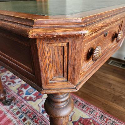 Early Antique Carved Oak Library Leather Top Table Desk