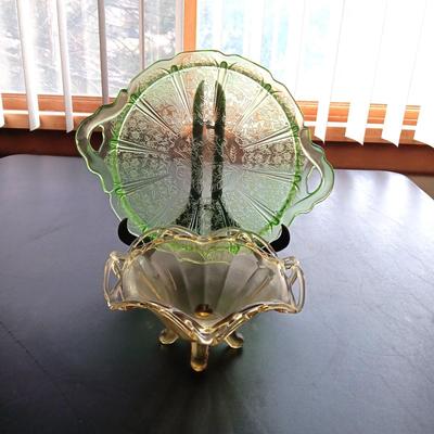 CHERRY BLOSSOM DEPRESSION GLASS CAKE PLATE AND FOOTED BOWL