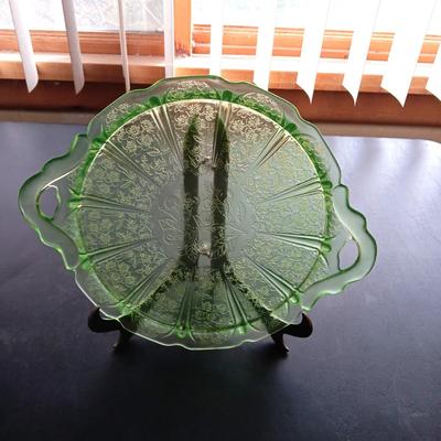 CHERRY BLOSSOM DEPRESSION GLASS CAKE PLATE AND FOOTED BOWL