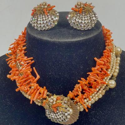 Eugene Vintage Jewelry Pearl rhinestone coral 3 piece set NECKLACE & EARRINGS
