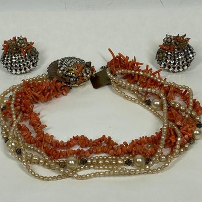 Eugene Vintage Jewelry Pearl rhinestone coral 3 piece set NECKLACE & EARRINGS