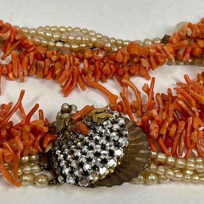 Eugene Vintage Jewelry Pearl rhinestone coral 3 piece set NECKLACE & EARRINGS