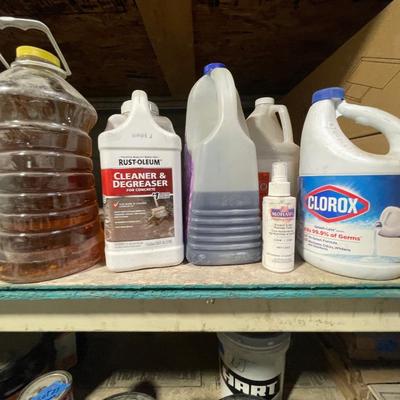 Full Shelf of 18 Bottles incl. 3 lg Hand Sanitizer, Cleaners, sealers, degreasers, windex, bleach, Lysol?