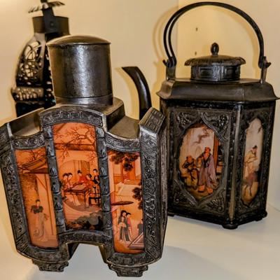 Antique Octagonal Chinese Metal Teapot and Decanter Reverse Hand Painted Scenic Glass Panels