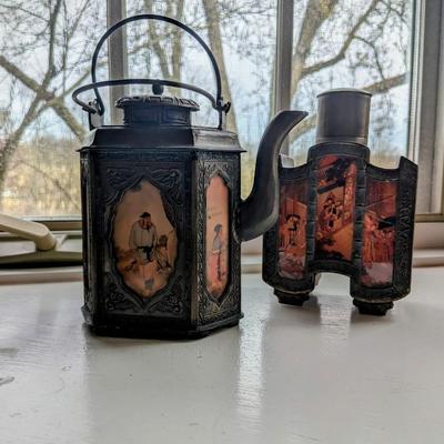 Antique Octagonal Chinese Metal Teapot and Decanter Reverse Hand Painted Scenic Glass Panels
