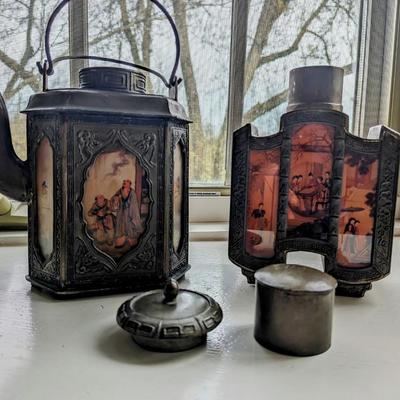 Antique Octagonal Chinese Metal Teapot and Decanter Reverse Hand Painted Scenic Glass Panels
