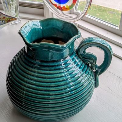 Green/Blue Stoneware Pitcher with Handles