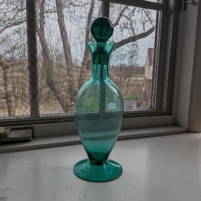 Vintage Green MCM Retro Round Top Stoppered Art Glass Bottle Decanter