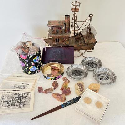 Great Mixed Lot - Vint. Postcards, Vint. Copper Musical Boat, Leather Bill Fold, + More